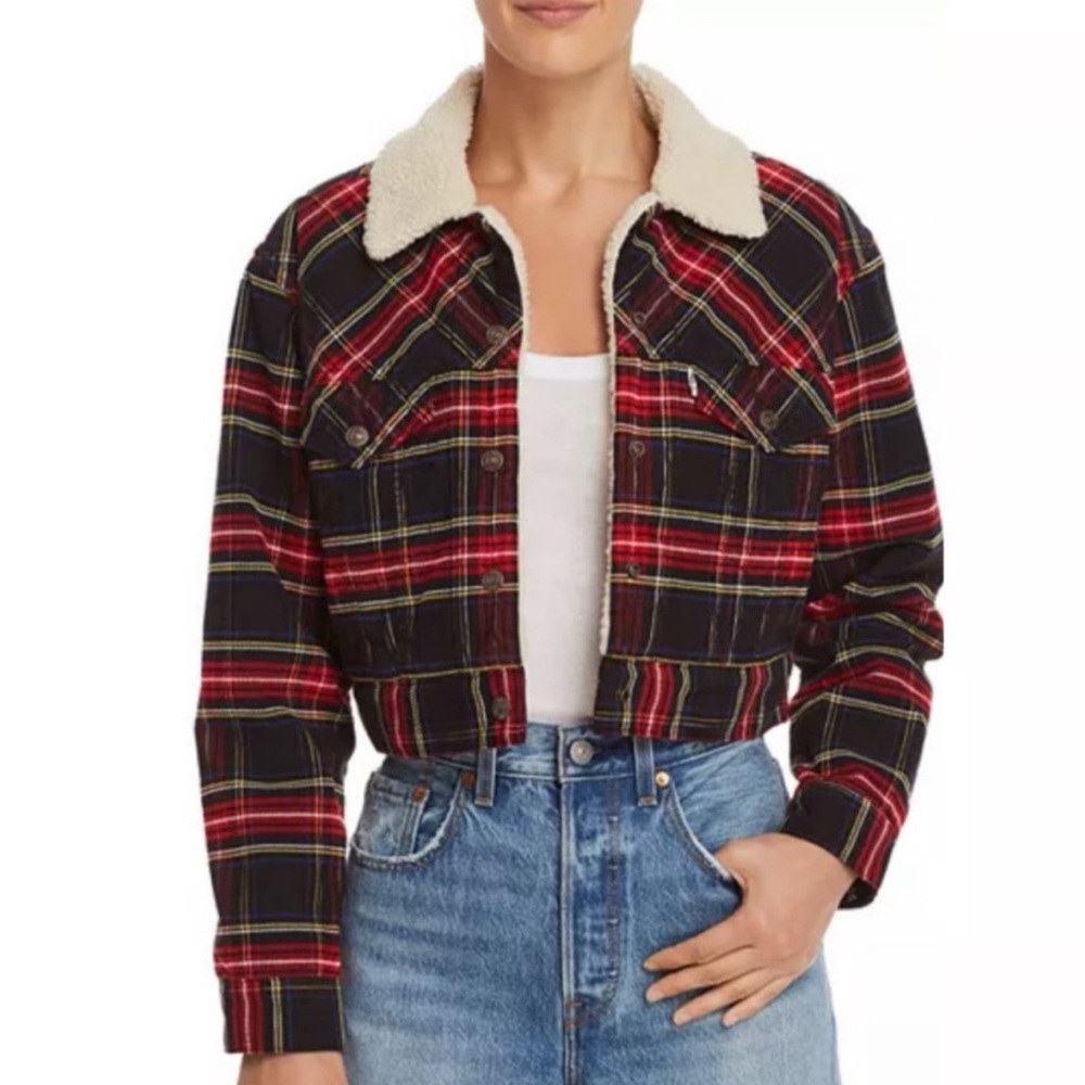 Levi's Red‎ and Black Plaid Cropped Sherpa Jacket